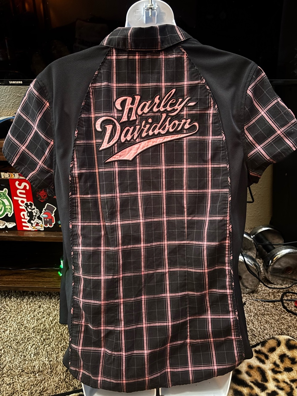 Harley-Davidson Women’s Black & Pink Plaid Short Sleeve Button Down Shirt